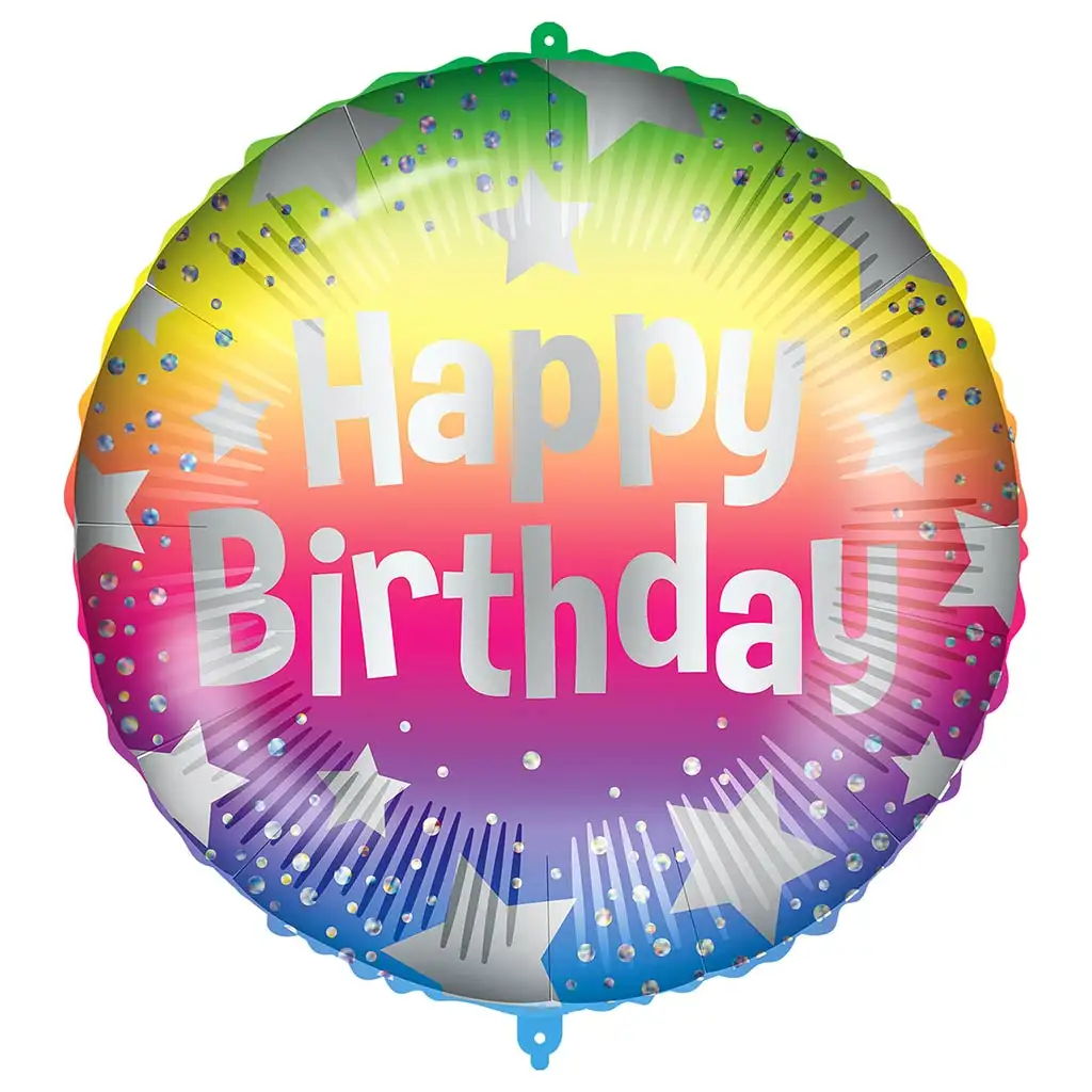 Szülinapi fólia lufi – „Happy Birthday” felirattal, szivárványszínű csillagos mintával 46cm kép 1
