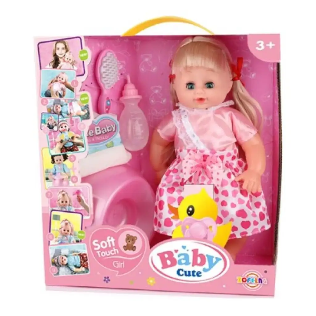 Hajas baba rózsaszín ruhában kiegészítőkkel 35cm-es kép 1