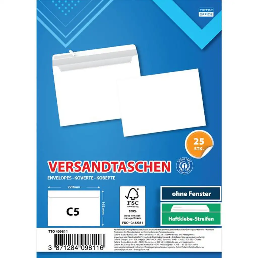 Spirit: Fehér boríték C5 22,9x16,2cm 25db-os csomag kép 1