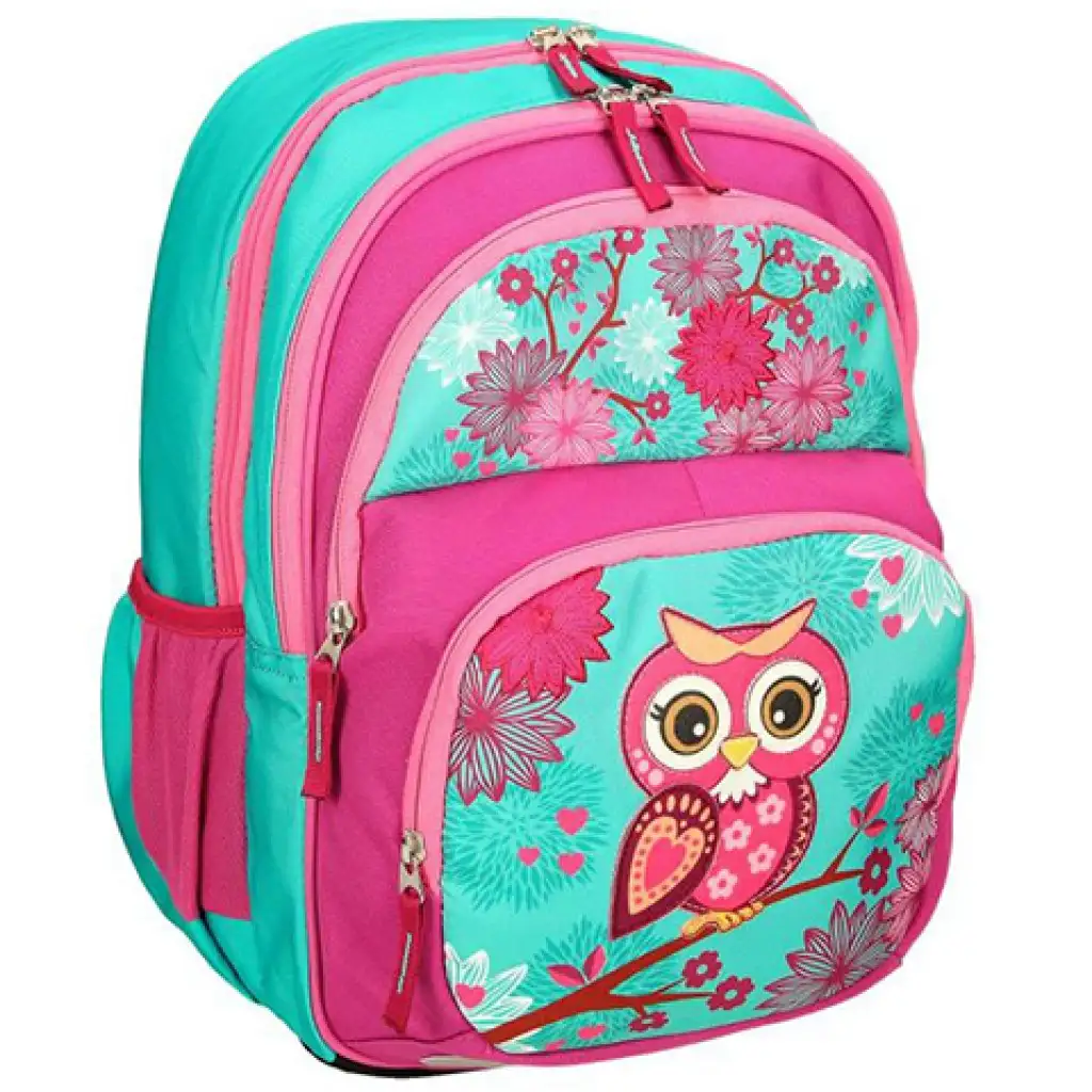 Spirit: Rózsaszín-türkiz színű bagolymintás lekerekített ergonómikus iskolatáska, hátizsák 40x20x18cm kép 1