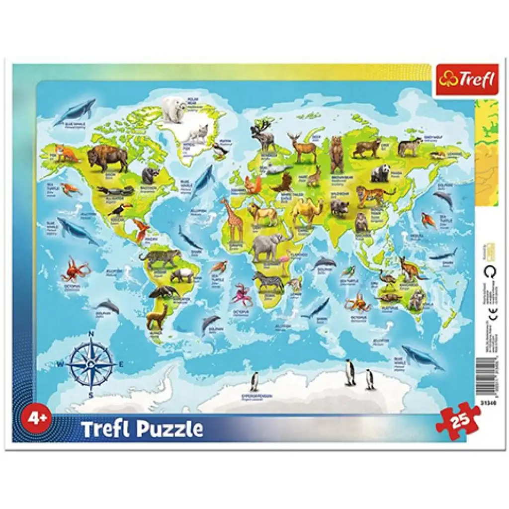 Világtérkép állatokkal 25 db-os keretes puzzle - Trefl kép 1